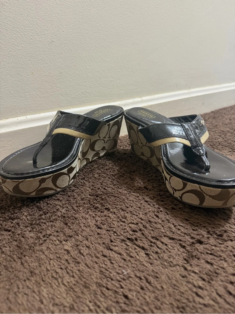 Coach Black Patent Thong Wedge Sandals with Beige Signature Canvas